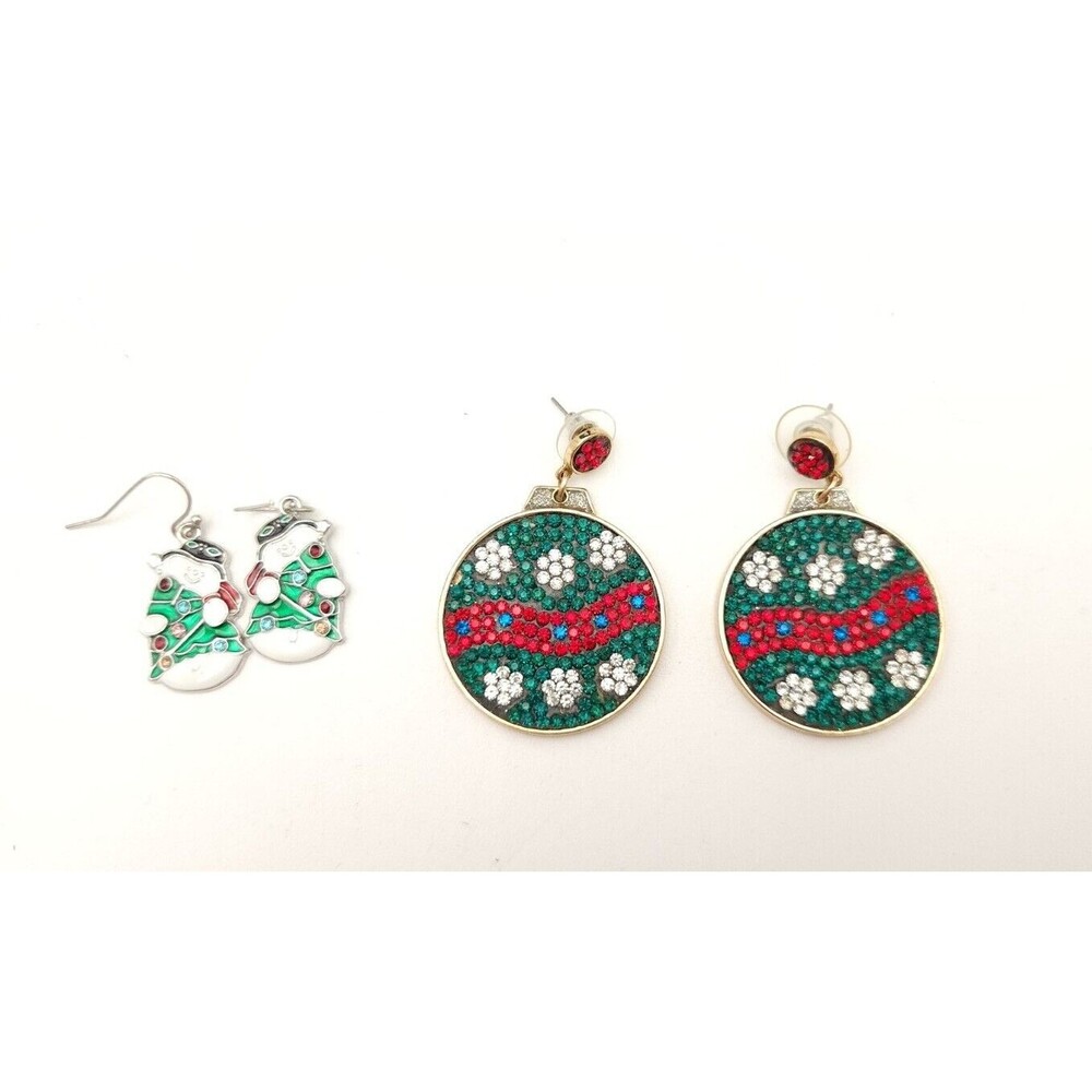 Lot Of 2 Vintage Christmas‎ Earrings Sets Sparkle Dangle Snowman And Ornaments